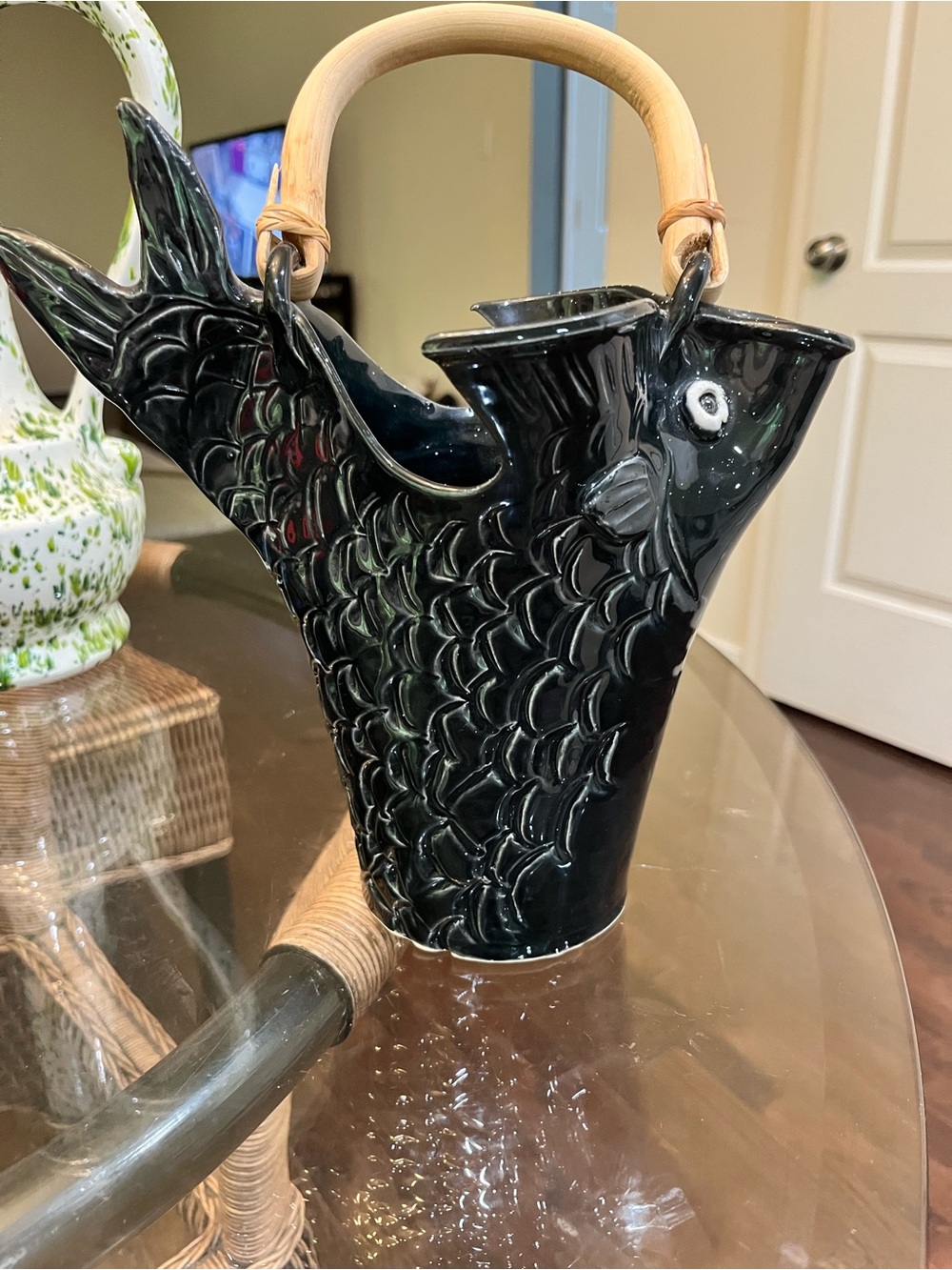 Black Fish-Shaped Ceramic Pitcher with Bamboo Handle
